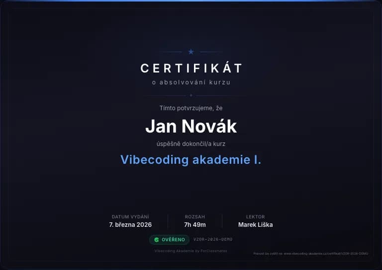 Vzorový certifikát Vibecoding Akademie