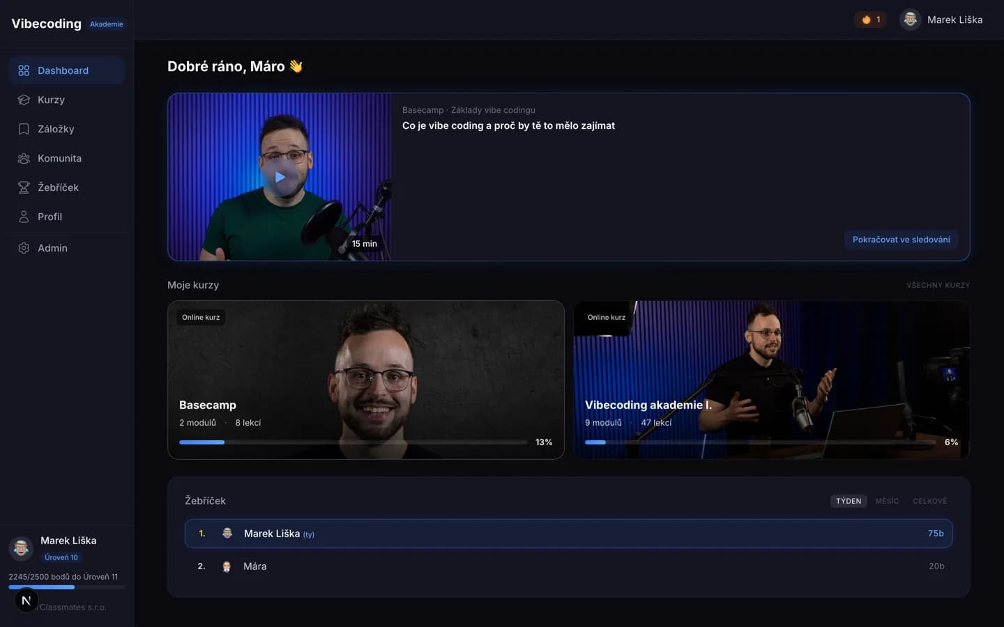 Vibecoding Akademie - dashboard s kurzy, gamifikací a žebříčkem